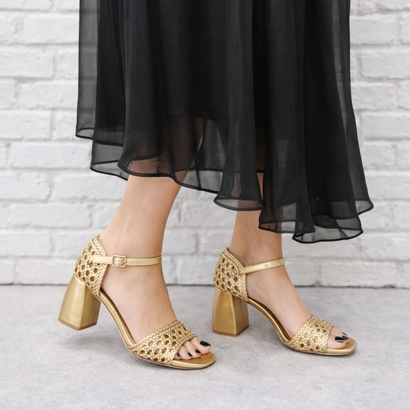 ANTONIO MELANI Shoes - Antonio Melani Heeled Sandals 10 Golden Woven Leather Gretel Metallic New $140